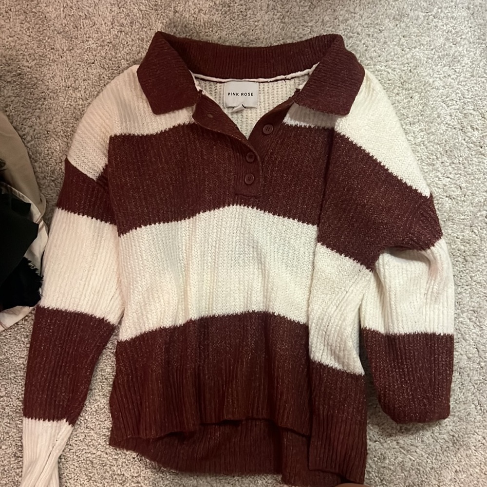 pink rose collard sweater burgundy and white stripes size large